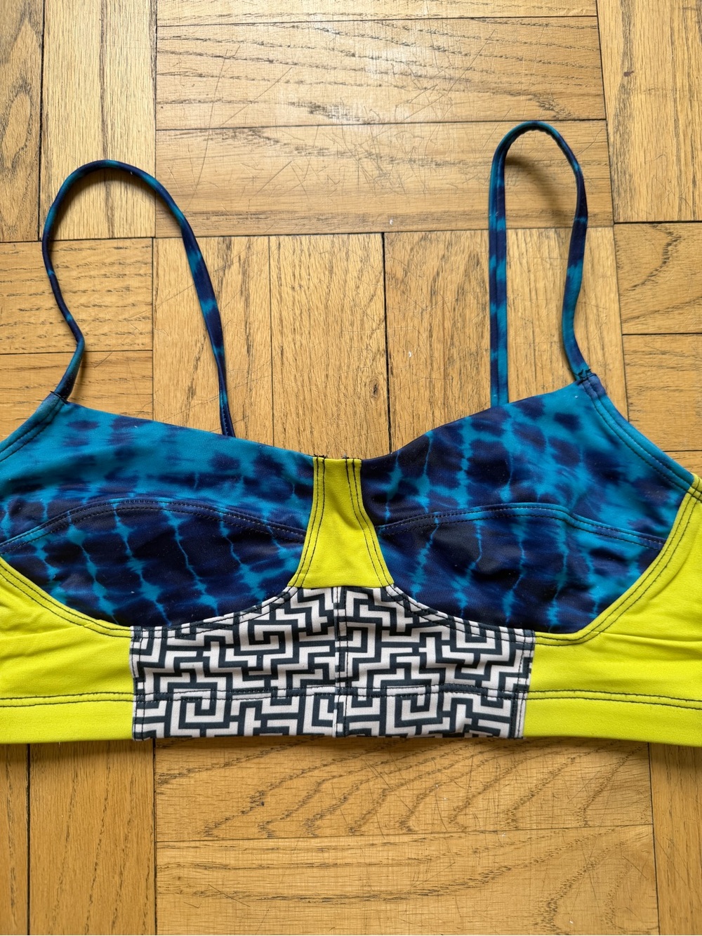 Onzie Blue Tie-Dye Strappy Sports Bralette with Lime Accent - Picture 2 of 5